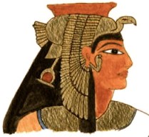 Représentation de profil de la reine Iâhhotep portant une coiffe royale avec un oiseau dont les ailes descendent le long de son visage
