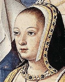 Portrait d'Anne de Bretagne portant une coiffe sombre autour de ses cheveux et des bijoux précieux autour du cou