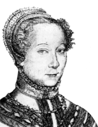 Dessin en noir et blanc de Louise Labé en costume d'époque