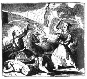 Dessin représentant Ching Shih en train de combattre sabre à la main