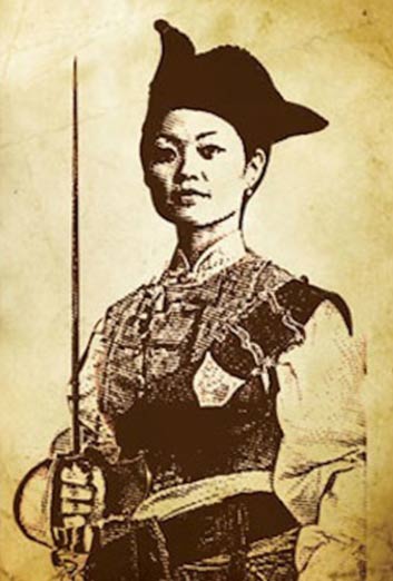 Portrait de Ching Shih en tenue de pirate, sabre à la main