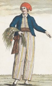 Portrait de Jeanne Barret habillée en homme avec une gerbe de plantes à la main