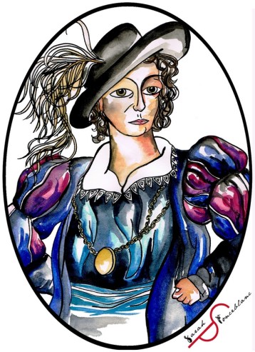 Dessin représentant Anne Dieu-le-veut en costume Renaissance bouffant bleu, avec un chapeau noir portant une plume