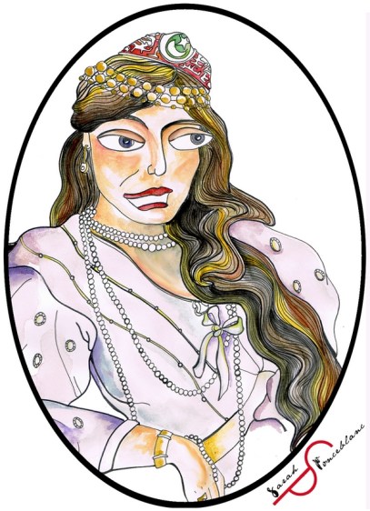 Dessin de Chajar ad Durr en robe claire, les cheveux lâchées et portant des colliers de perles, bracelet, boucles d'oreille et bijoux de front