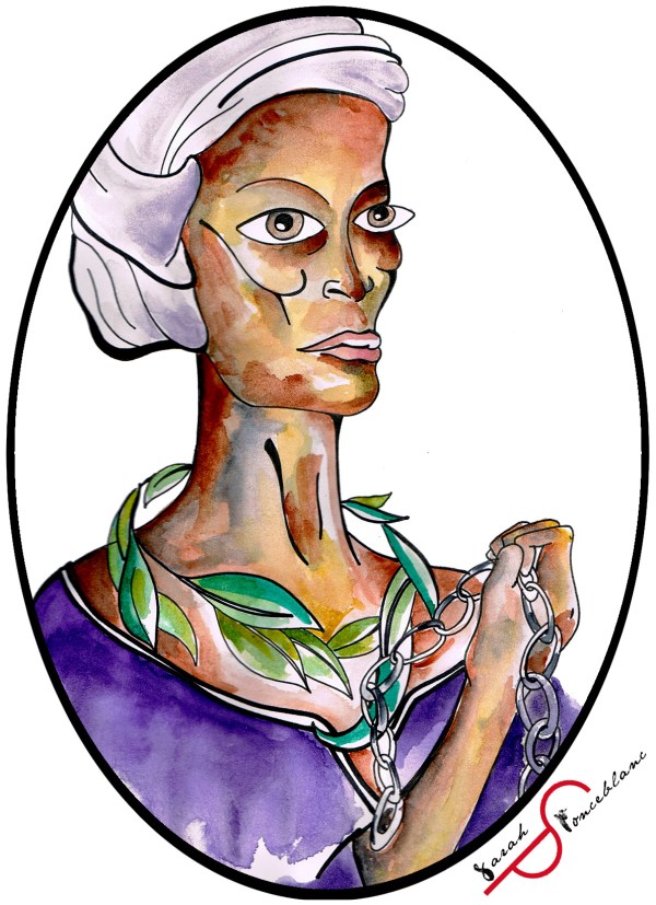 Dessin représentant Nanny ; elle porte un rameau autour du cou et tient des chaînes brisées dans une main.