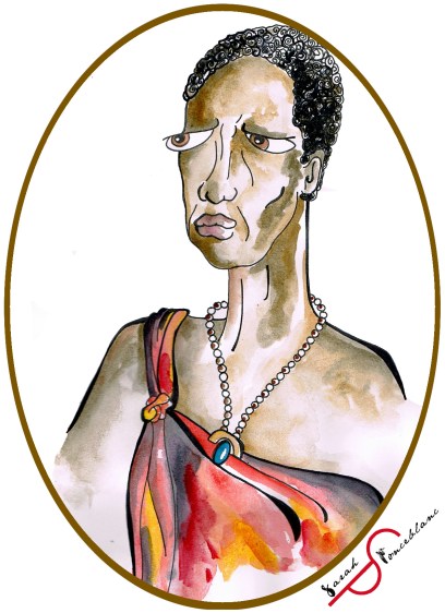 Dessin représentant Nehanda Nyakasikana en habits rouges retenus par un collier de perle, les cheveux coupés courts