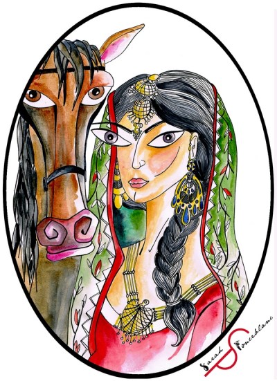 Dessin représentant Rani Abbakka Chowta, avec de longs cheveux noirs retenus dans une tresse et un voile vert léger autour de la tête ; elle se tient à côté d'un cheval