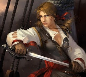 Portrait d'une femme pirate dégainant un sabre