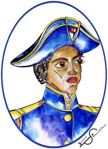 Ce portrait (réalisé par l'artiste Sarah Ponceblanc) représente Sanité Belair en tenue militaire, avec un bicorne bleu et une tunique bleue avec des épaulettes dorées.