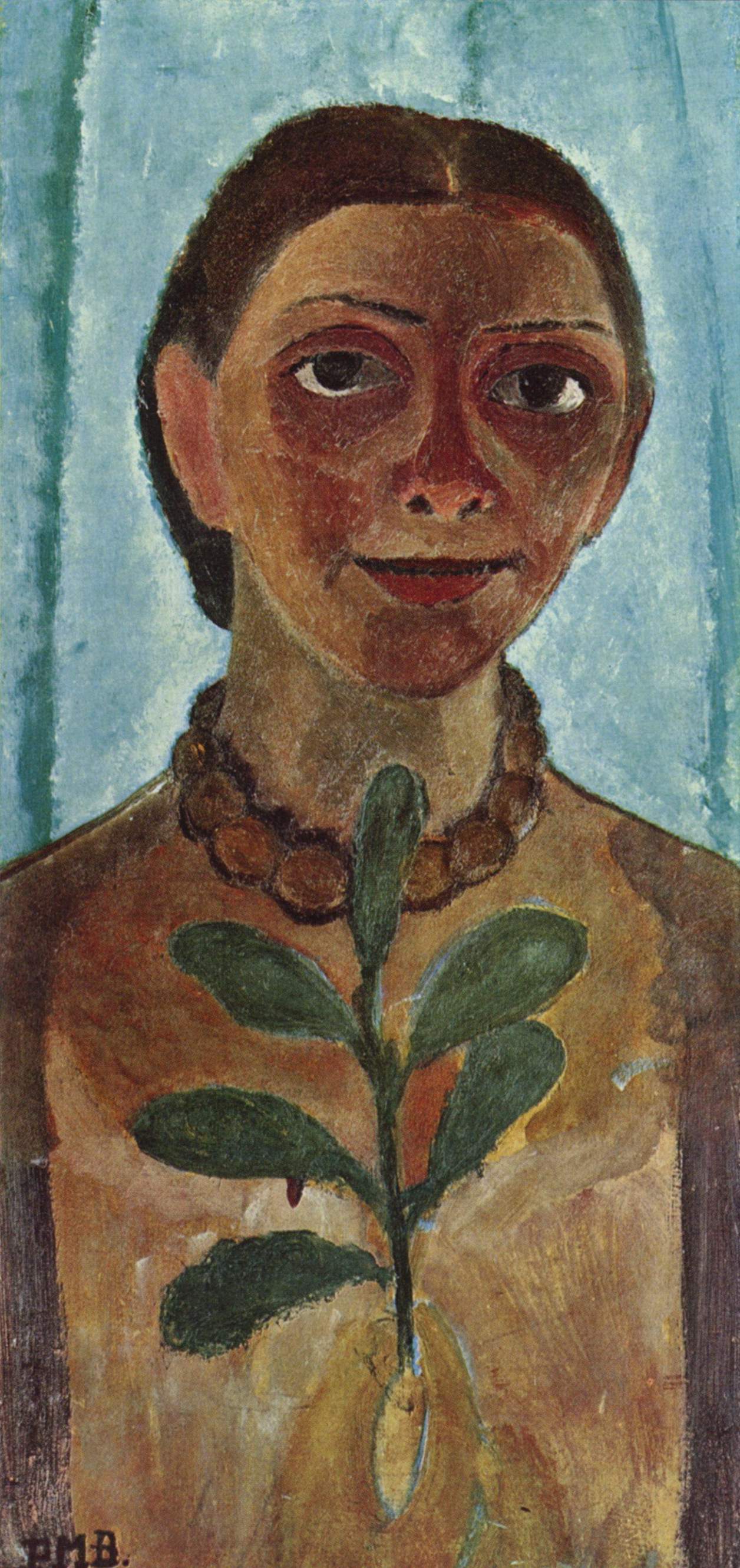 Cet autoportrait représente Paula Modersohn-Becker portant un collier de grosses perles brunes et tenant un rameau végétal à la main