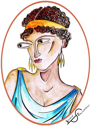 Ce dessin représente Kallipáteira vêtue d'une tunique bleue. Elle porte des boucles d'oreille, un bandeau orange dans  ses cheveux bouclés et sombres. Elle regarde vers la gauche.