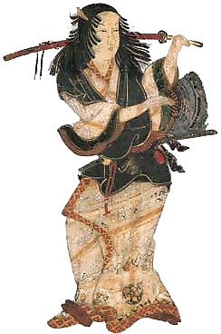 Représentation d'Okuni en costume de théâtre, avec un sabre