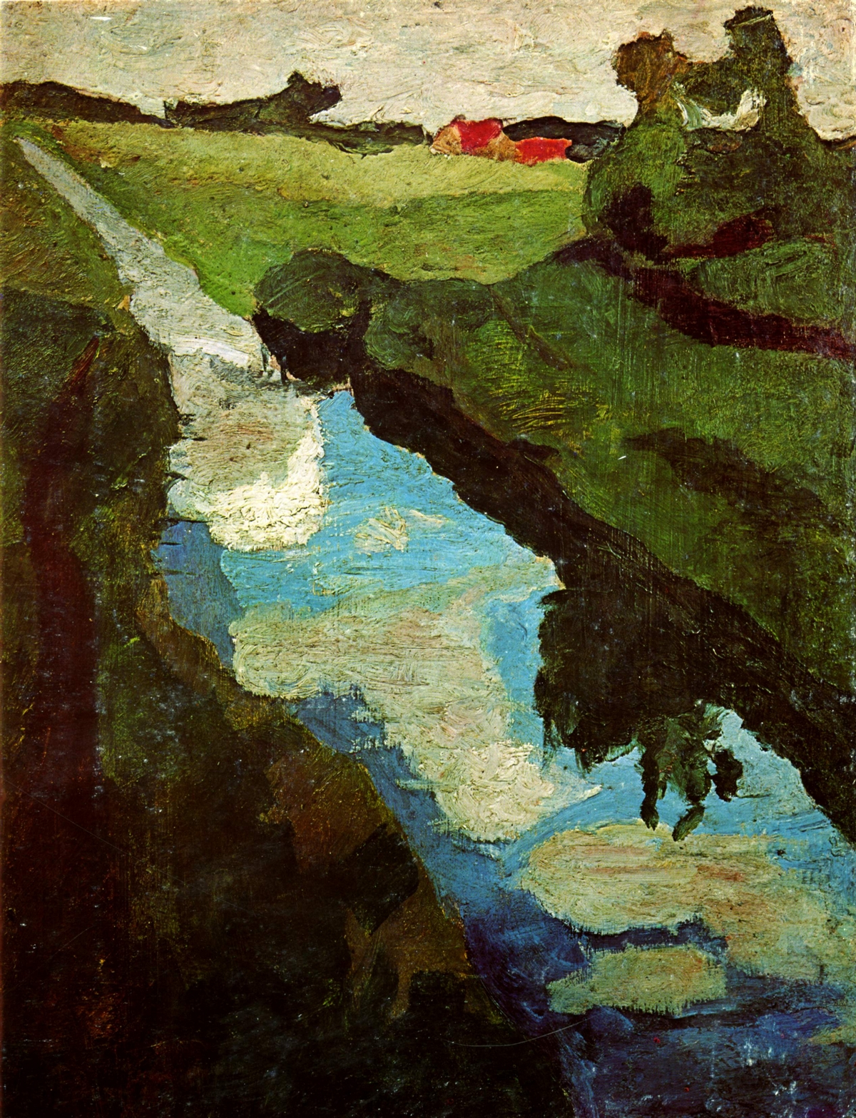 Ce tableau de Paula Modersohn-Becker représente une rivière séparant en deux un paysage verdoyant, avec quelques maisons au toit rouge en arrière-plan