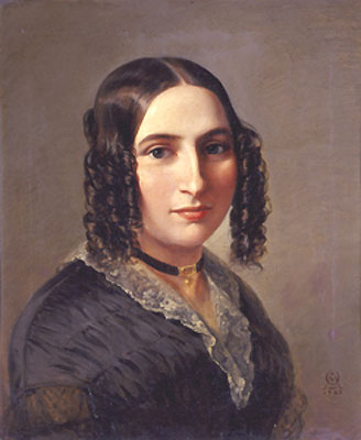 Ce portrait de Fanny Mendelssohn, réalisé par Moritz-Daniel Oppenheim, la montre en buste. Vêtue d'une robe bleue, elle porte un collier ras du cou et ses cheveux sombres sont coiffés en boucles anglaises.