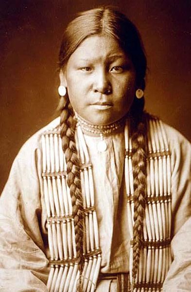 Cette photographie en buste montre une femme cheyenne présumée être Buffalo Calf Road Woman. Elle porte de longues tresses noires tombant sur sa tunique et des boucles d'oreille.