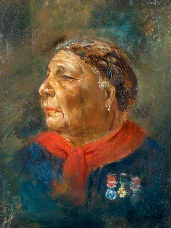 Ce tableau d'Albert Charles Challen, peint en 1869, représente Mary Seacole en buste. De profil, elle regard vers la gauche et porte un vêtement bleu et un foulard rouge très colorés. Sur sa poitrine, trois décorations militaires sont accrochées.