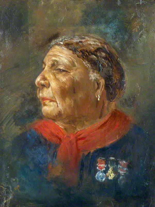 Ce tableau d'Albert Charles Challen, peint en 1869, représente Mary Seacole en buste. De profil, elle regard vers la gauche et porte un vêtement bleu et un foulard rouge très colorés. Sur sa poitrine, trois décorations militaires sont accrochées.