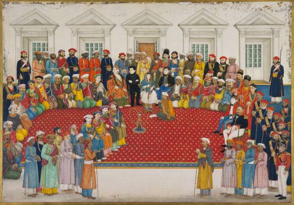 Ce dessin représente la Bégum Samru entourée d'un cour très nombreuses, de dizaines d'hommes indiens et européens. Certains sont assis, d'autres debout. Certains portent des habits moghols, d'autres sont en habits militaires.