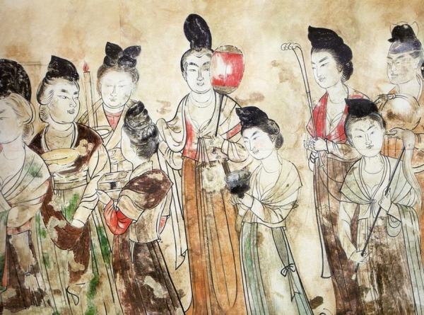 Dames de cour de la dynastie Tang - fresque issue de la sépulture de la princesse Yongtai (mausolée de Qianling)