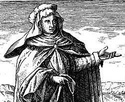 Cette image est un dessin en noir et blanc représentant l'alchimiste Marie la Juive portant une coiffe et un manteau.