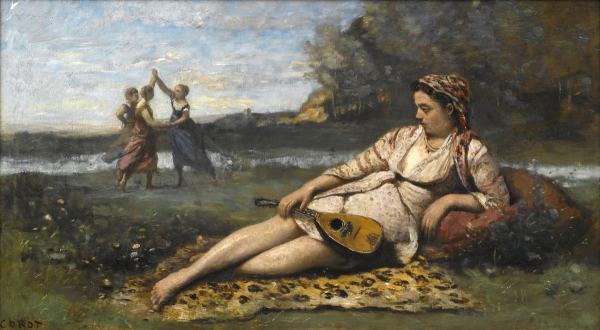 Ce tableau de Jean-Baptiste-Camille Corot, intitulé Jeunes filles de Sparte, représente au premier plan une jeune fille allongée sur une peau de bête tenant un instrument de musique. Elle regarde, en arrière plan, deux jeunes filles en robes colorées qui font la ronde et une troisième qui les regarde.