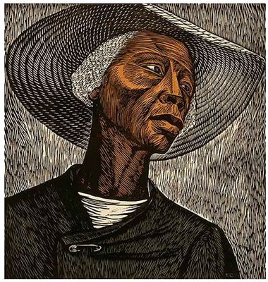 Cette image est une litographie d'Elizabeth Catlett représentant un métayer noir, portant une veste noire retenue par une épingle à nourrice et un chapeau de paille.