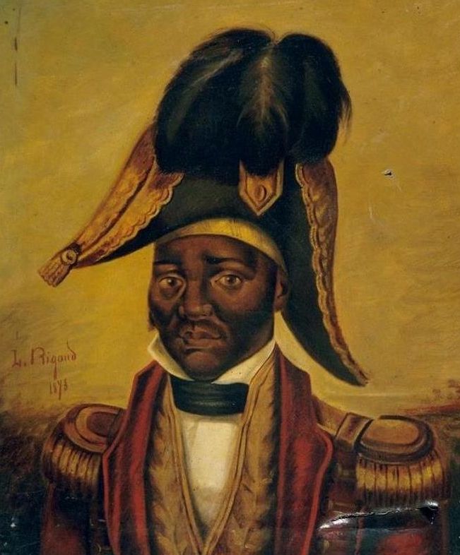 Cette image est un portrait peint de Jean-Jacques Dessalines, réalisé par Louis Rigaud. L'empereur y est représenté sur fond d'or en habits militaires.