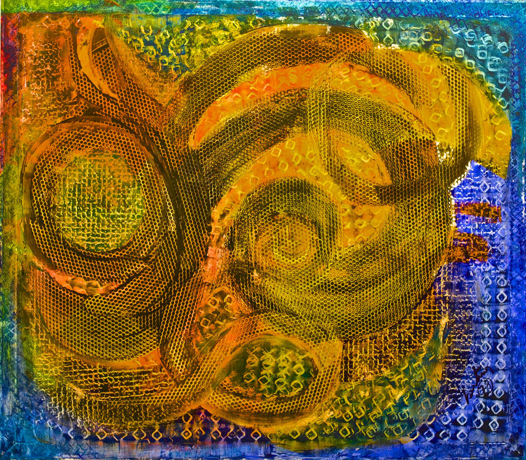 Ce tableau Dreaming with my childhood de Bertina Lopes est dans les tons or, orange et bleu.