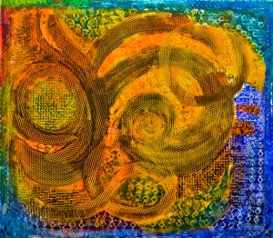 Ce tableau Dreaming with my childhood de Bertina Lopes est dans les tons or, orange et bleu.