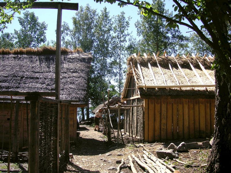 Cette image montre une reconstitution d'habitations en bois dans le site archéologique de Birka.