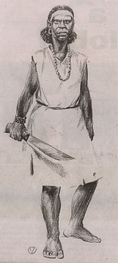 Ce dessin montre Carlota Lucumi armée d'une machette. Elle est armée, vêtue d'une robe blanche jusqu'aux genoux. Pieds nus, elle porte une ceinture, un long collier, des boucles d'oreille, un bracelet et un bandeau dans les cheveux.
