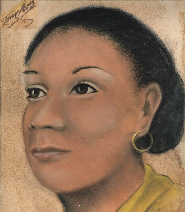 Ce dessin représente Maria Firmina dos Reis de profil. Femme métisse, elle a la peau brune, les yeux et les cheveux noirs. Elle porte un vêtement au col jaune, des boucles d'oreille, et ses cheveux sont retenus en chignon.