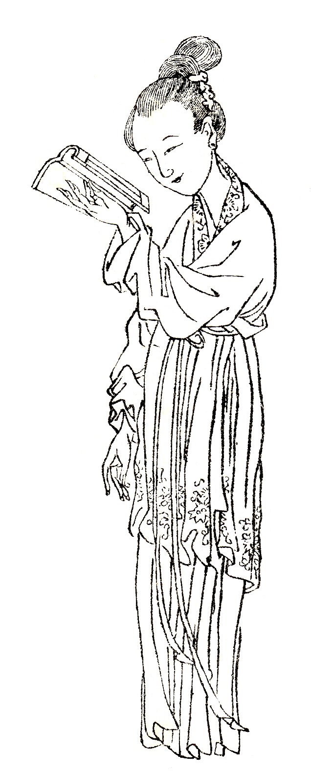 Ce dessin représente Ban Zhao en pied. Elle porte des vêtements féminins traditionnels chinois. Ses cheveux sont noués en chignon et elle tient un livre ouvert, qu'elle est en train de parcourir, dans sa main gauche.