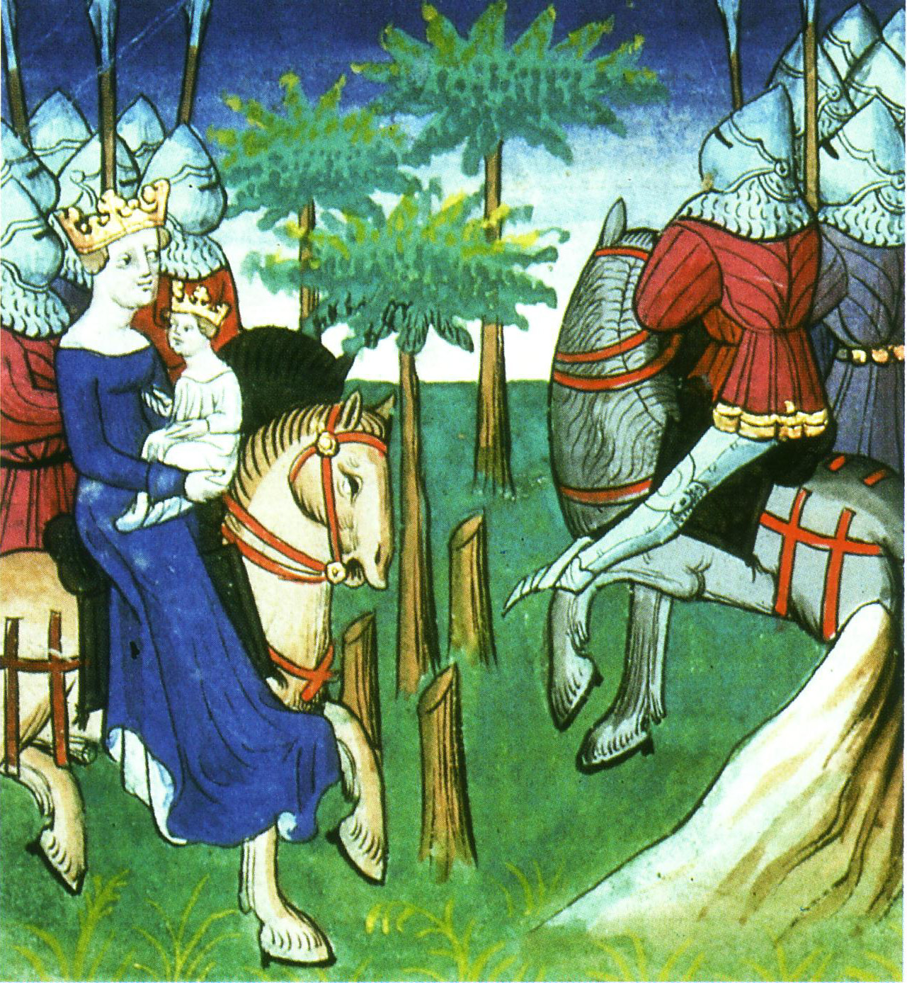 Cette illustration montre, à gauche, la reine Frédégonde juchée à cheval, son fils en bas âge sur ses genoux. Elle est suivie par une demi-douzaine d'hommes à cheval en arme et armures. Face à eux, les soldats également à cheval de l'armée de Childebert II.