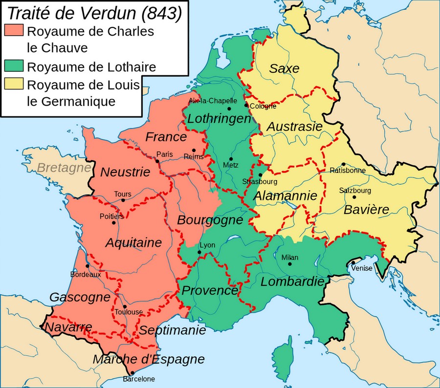 Ce plan montre le partage des terres de l'empire carolingien par le traité de Verdun en 843, entre Charles le Chauve, Lothaire et Louis le Germanique.