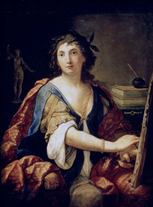 Cette image est un autoportrait d'Elisabetta Sirani en allégorie de la peinture. Elle s'y représente assise devant un tableau sur un chevalet, pinceau dans la main droite et chevalet dans la main gauche. Elle porte une robe bleue et blanche et un manteau rouge. Derrière elle, on voit à droite des livres et un encrier, à gauche une statuette. Elle porte une couronne de lauriers.