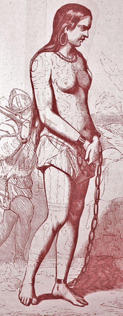 Cette gravure représente la reine Anacaona debout et captive, les poignets et la cheville gauche retenus par des chaînes. Elle est vêtue d'un pagne, porte un collier et des boucles d'oreille. Ses cheveux longs et sombres sont libres, son corps est peint. A l'arrière-plan, un soldat espagnol.