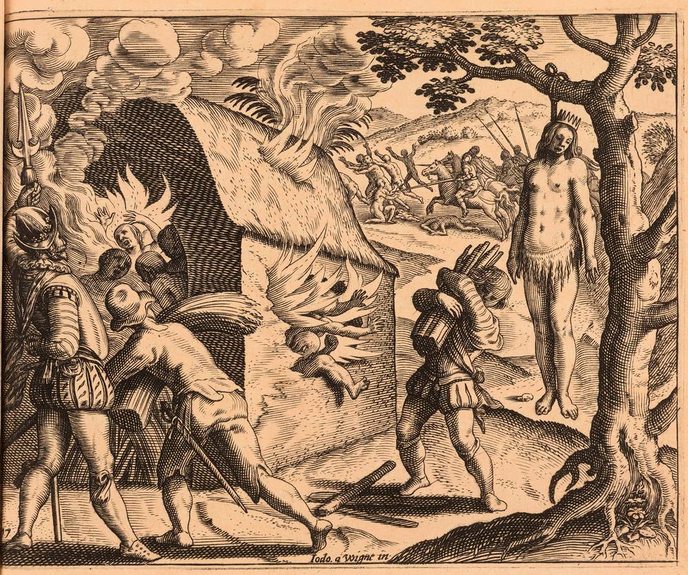 Cette gravure représente le massacre de Xaragua en 1503. A gauche, des natifs d'Ayiti meurent dans les flammes d'un bâtiment tandis qu'un soldat espagnol surveille la scène et que des colons alimentent le feu. A droite, la reine Anacaona est pendue aux branches d'un arbre. En arrière-plan, des colons espagnols à cheval pourchassent les sujets de la reine qui s'enfuient.