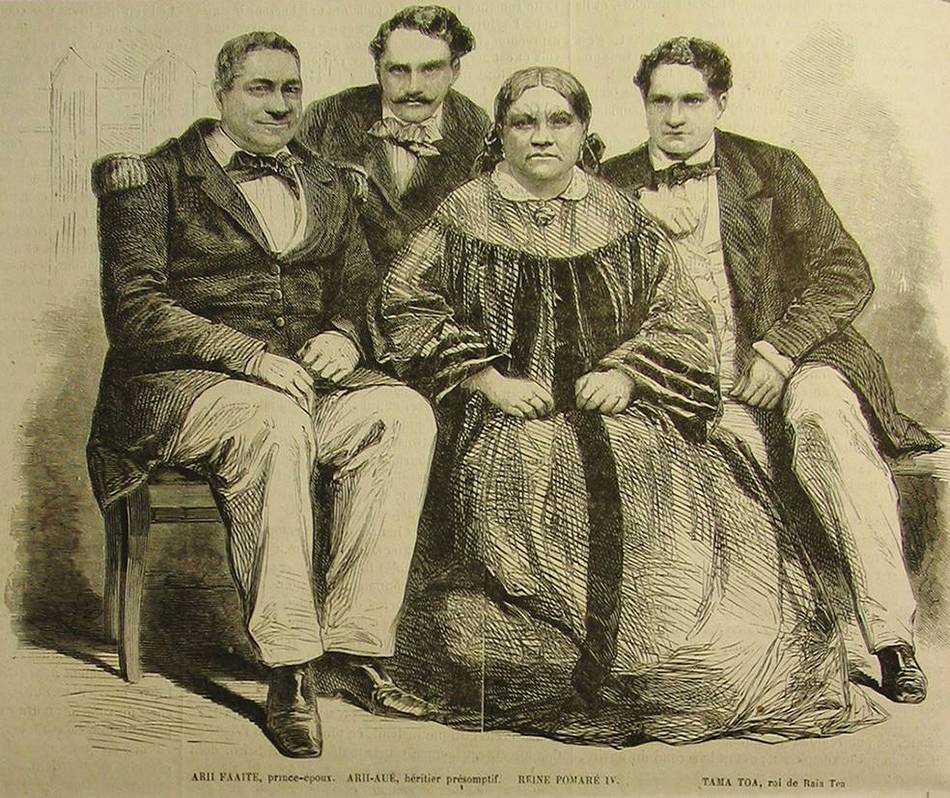 Cette gravure représente Pomare IV, son mari Ariʻifaaite et deux de leurs fils adultes , le prince Teratane et le prince Tamatoa. Ils sont assis, les parents devant et les enfants derrière, et vêtus à l'européenne. Pomare porte une robe longue et ample, tandis que son mari et ses fils portent un costume sombre et un noeud papillon.