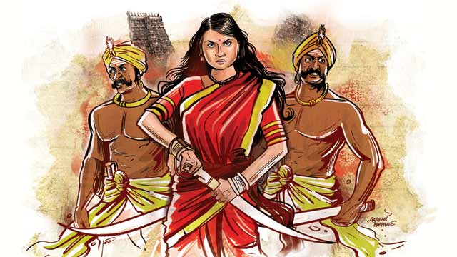 Cette image est un dessin représentant Rani Velu Nachiyar et les frères Marudhu. La reine est au premier plan, les deux frères légèrement en retrait à ses côtés. Elle porte une tenue rouge et s'apprête à dégainer un sabre, l'air déterminé. Les deux frères ont également une arme à la main.