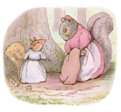 Cette image montre un extrait du livre de Beatrix Potter The Tale of Timmy Tiptoes ; on y voit deux écureuils discuter.