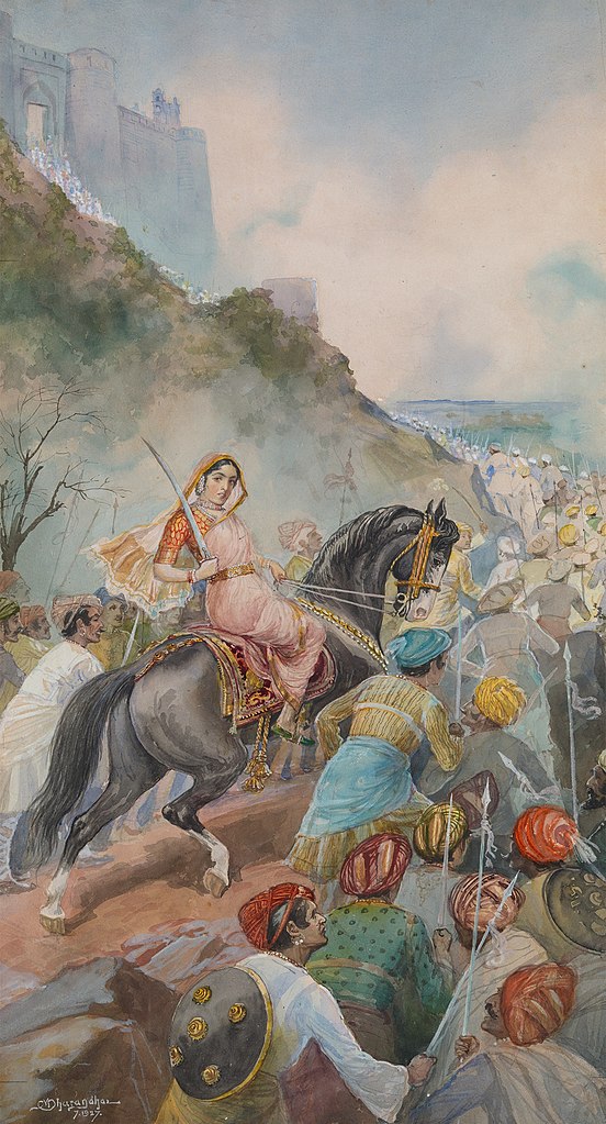 Ce tableau montre Tarabai à la bataille. Elle est à cheval au milieu d'une file de guerriers armés de sabres remettant un long chemin menant à un fort. Elle porte des habits traditionnels indiens et est armée d'un sabre.