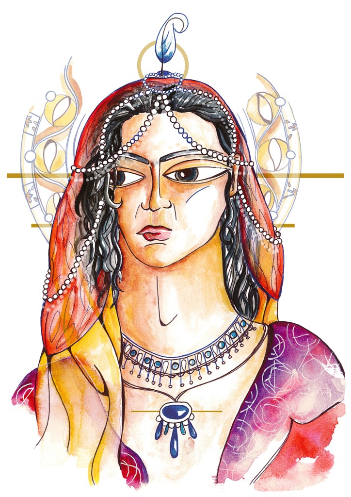 Portrait de Sitt al-Mulk réalisé par l'illustratrice Sarah Ponceblanc. Elle porte un voile décoré de perles blanches et un collier avec des perles bleues.