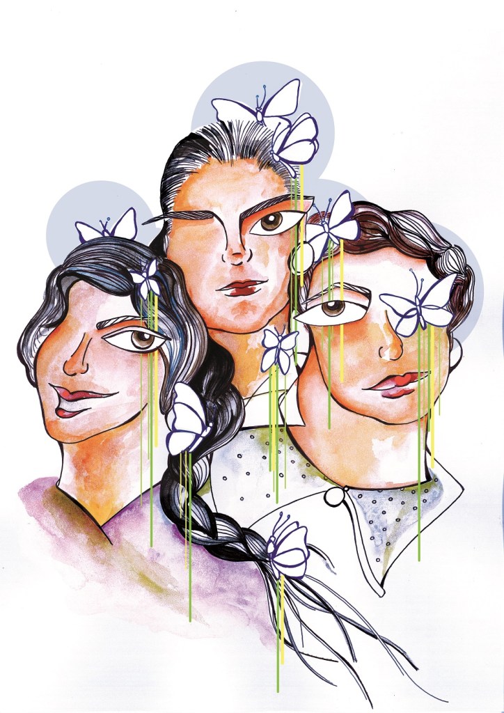 Illustration représentant les trois soeurs Mariposas entourées de papillons
