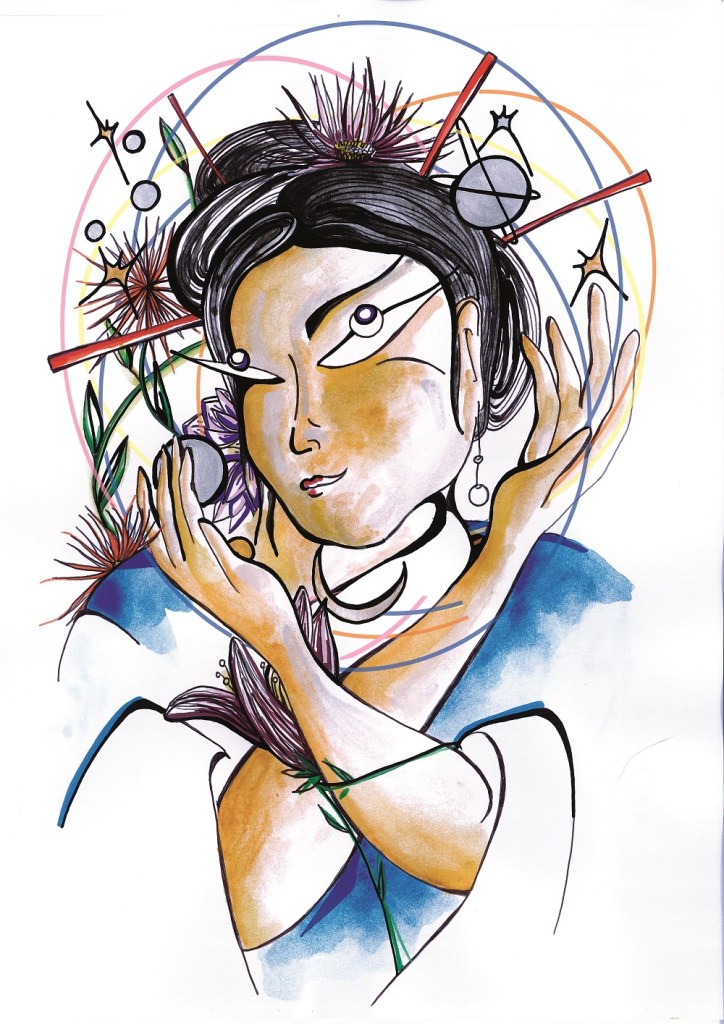 Dessin représentant Wang Zhenyi entourée d'astres