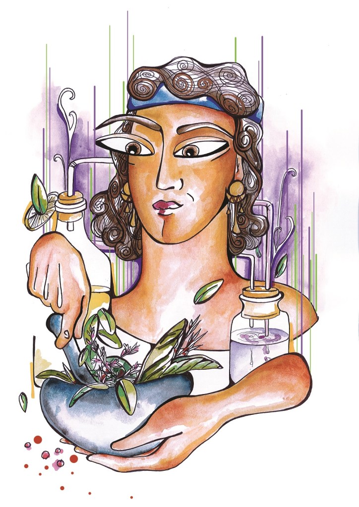 Illlustration représentant Tapputi-Belet-ekalle en train d'écraser des plantes pour préparer un parfum