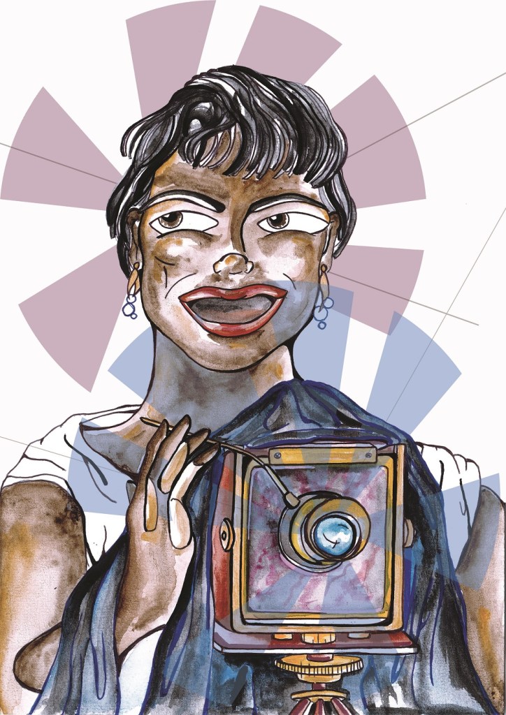 Dessin de Sarah Ponceblanc représentant Felicia Abban, peau noire, cheveux courts, boucles d'oreille et appareil photo à la main